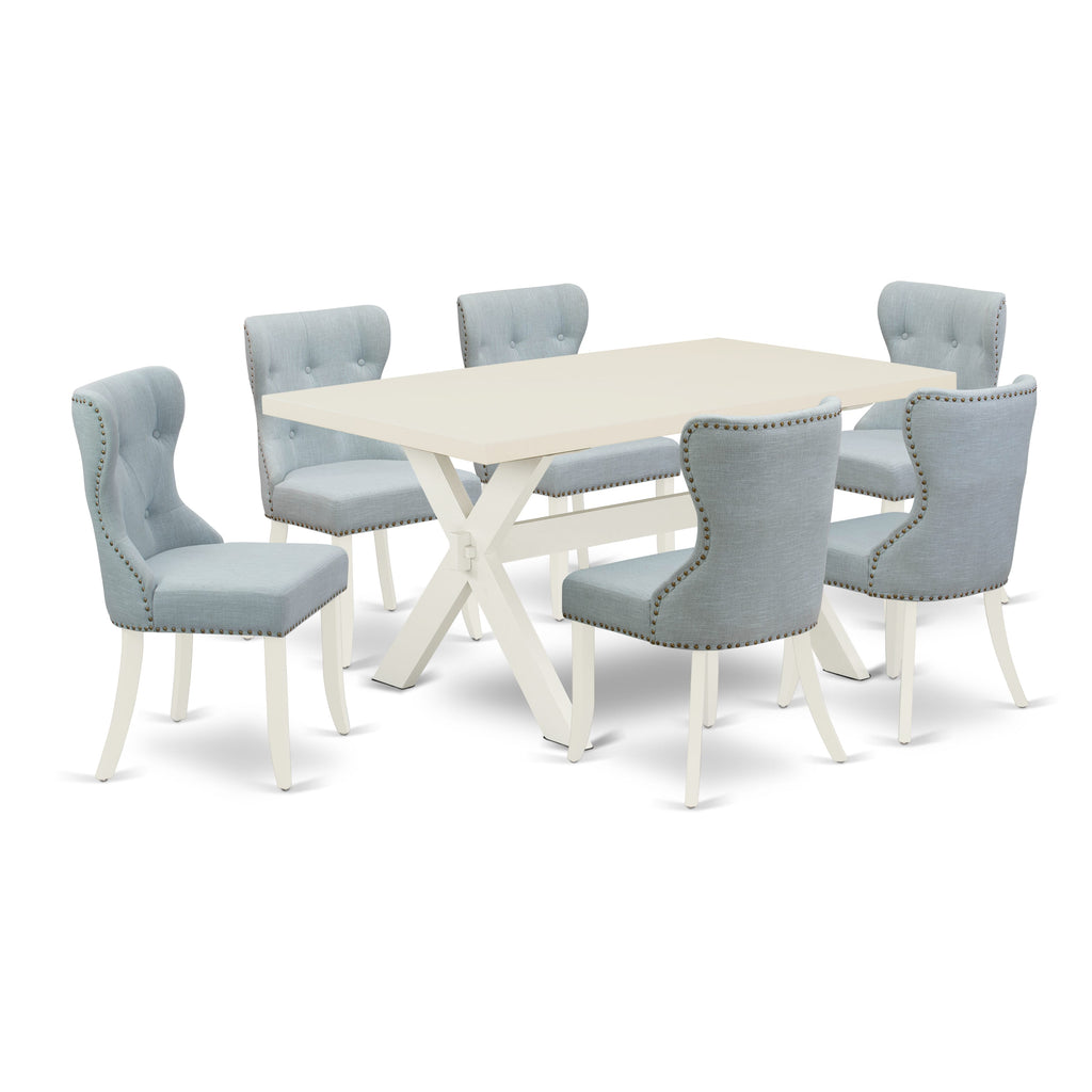 East West Furniture X026SI215-7 7 Piece Dinette Set Consist of a Rectangle Dining Table with X-Legs and 6 Baby Blue Linen Fabric Parson Dining Room Chairs, 36x60 Inch, Multi-Color