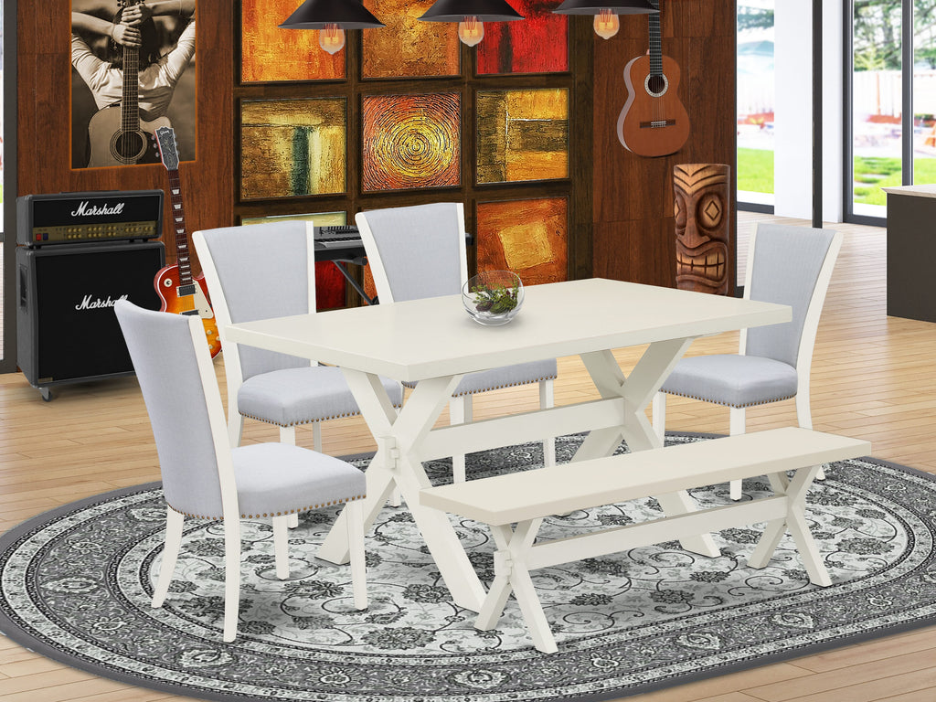 East West Furniture X026VE005-6 6 Piece Kitchen Table Set Contains a Rectangle Dining Table with X-Legs and 4 Grey Linen Fabric Parson Chairs with a Bench, 36x60 Inch, Multi-Color