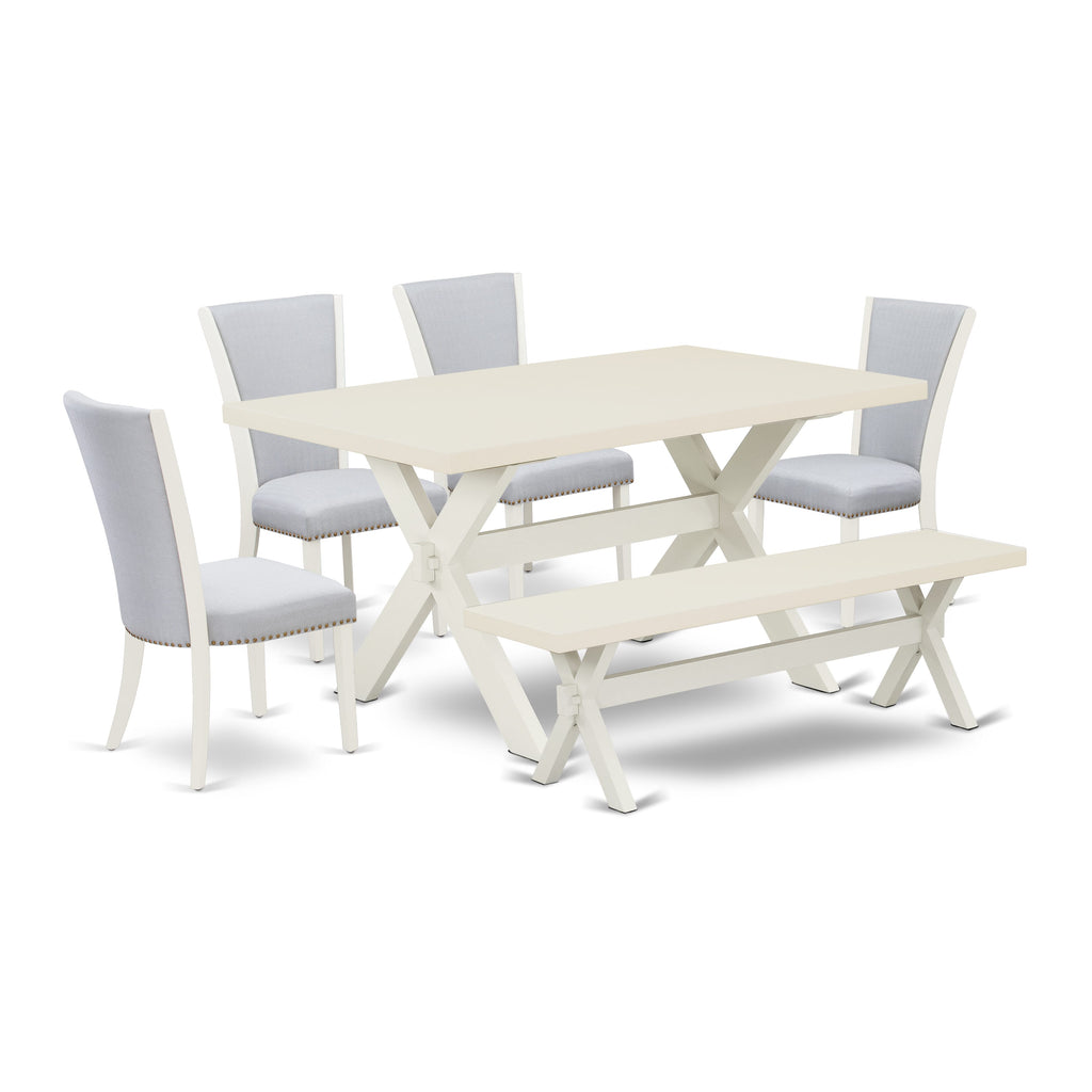 East West Furniture X026VE005-6 6 Piece Kitchen Table Set Contains a Rectangle Dining Table with X-Legs and 4 Grey Linen Fabric Parson Chairs with a Bench, 36x60 Inch, Multi-Color