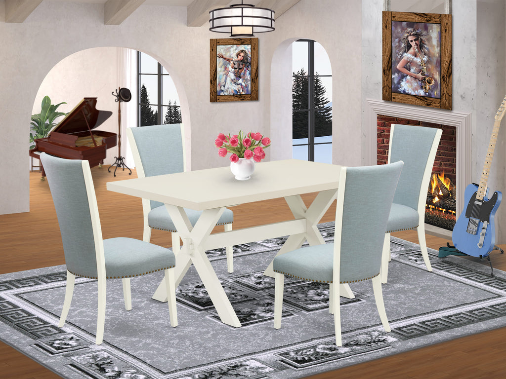 East West Furniture X026VE215-5 5 Piece Kitchen Table & Chairs Set Includes a Rectangle Dining Room Table with X-Legs and 4 Baby Blue Linen Fabric Parsons Chairs, 36x60 Inch, Multi-Color