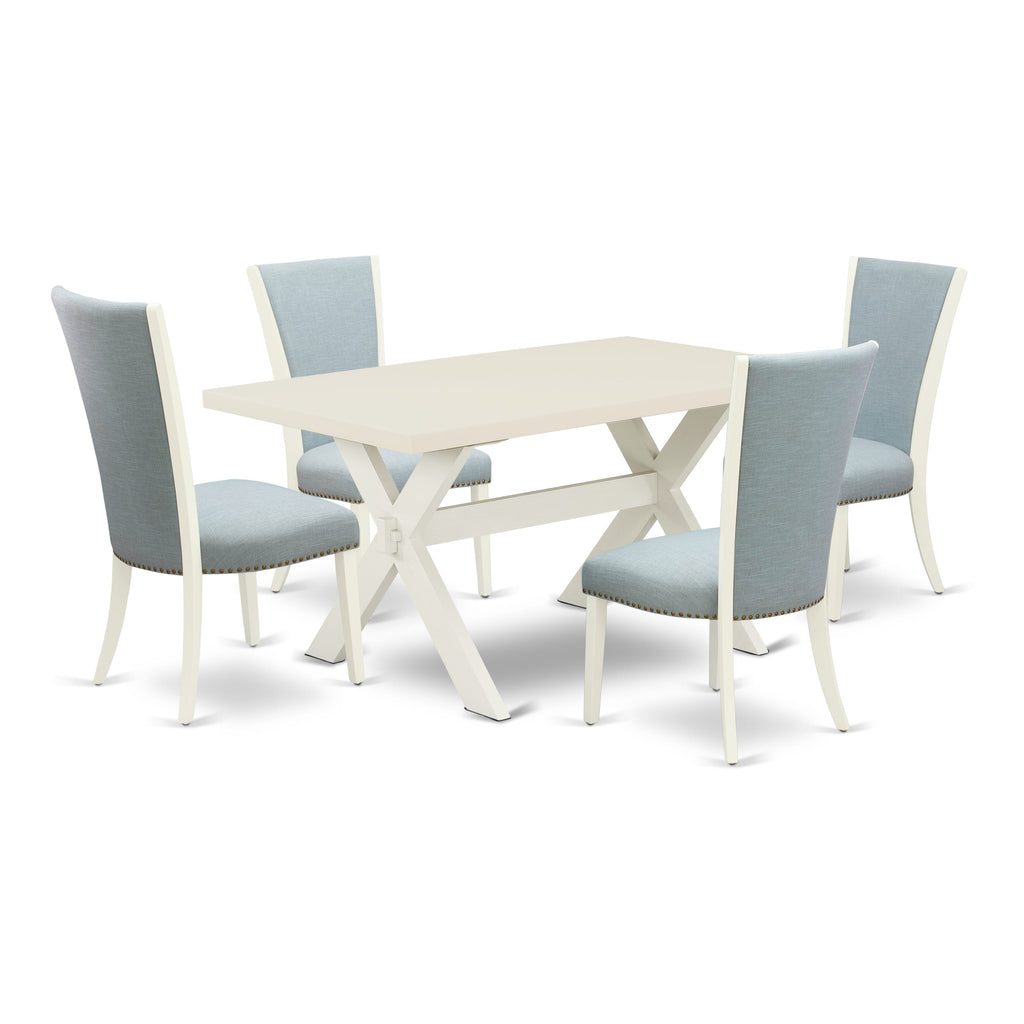 East West Furniture X026VE215-5 5 Piece Kitchen Table & Chairs Set Includes a Rectangle Dining Room Table with X-Legs and 4 Baby Blue Linen Fabric Parsons Chairs, 36x60 Inch, Multi-Color