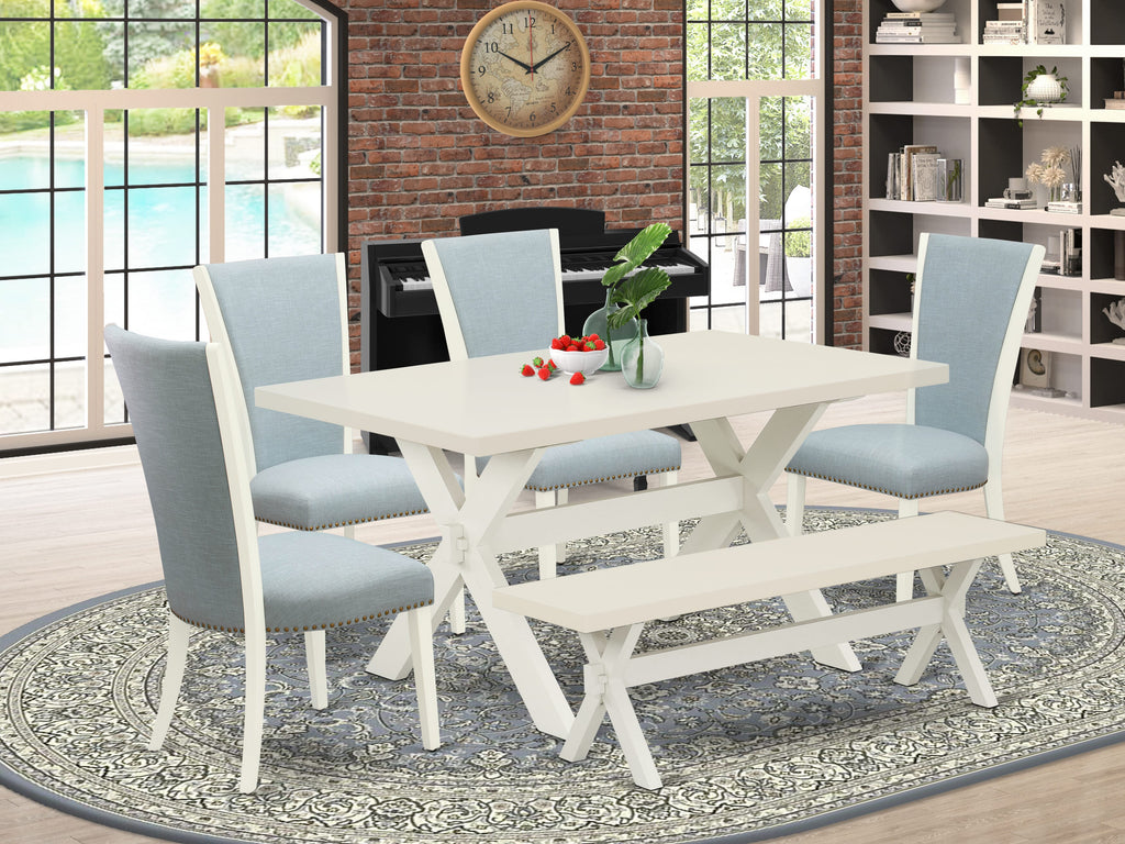 East West Furniture X026VE215-6 6 Piece Dinette Set Contains a Rectangle Dining Room Table with X-Legs and 4 Baby Blue Linen Fabric Upholstered Chairs with a Bench, 36x60 Inch, Multi-Color