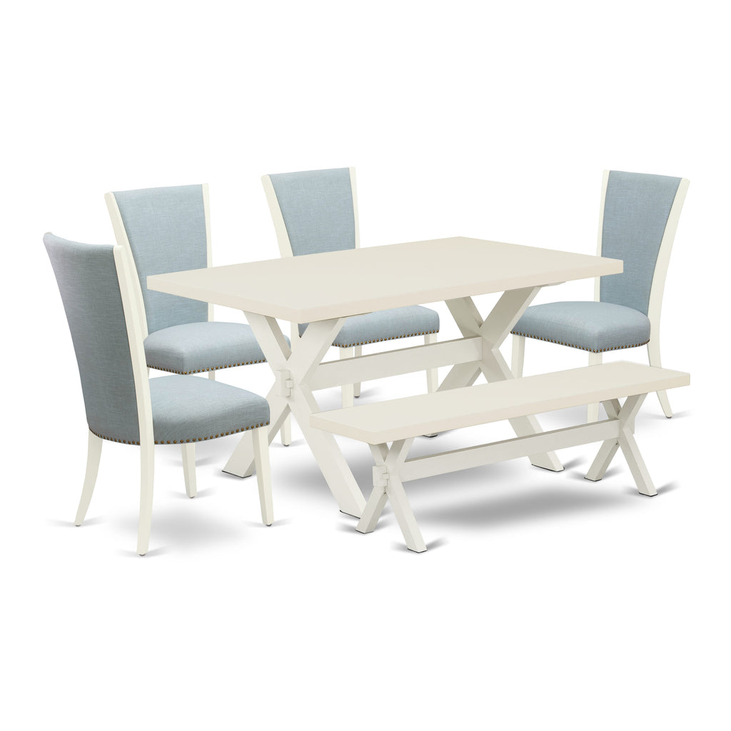 East West Furniture X026VE215-6 6 Piece Dinette Set Contains a Rectangle Dining Room Table with X-Legs and 4 Baby Blue Linen Fabric Upholstered Chairs with a Bench, 36x60 Inch, Multi-Color