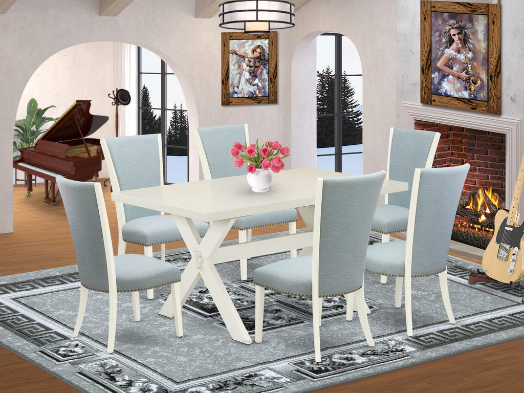 East West Furniture X026VE215-7 7 Piece Dining Table Set Consist of a Rectangle Dining Room Table with X-Legs and 6 Baby Blue Linen Fabric Upholstered Chairs, 36x60 Inch, Multi-Color
