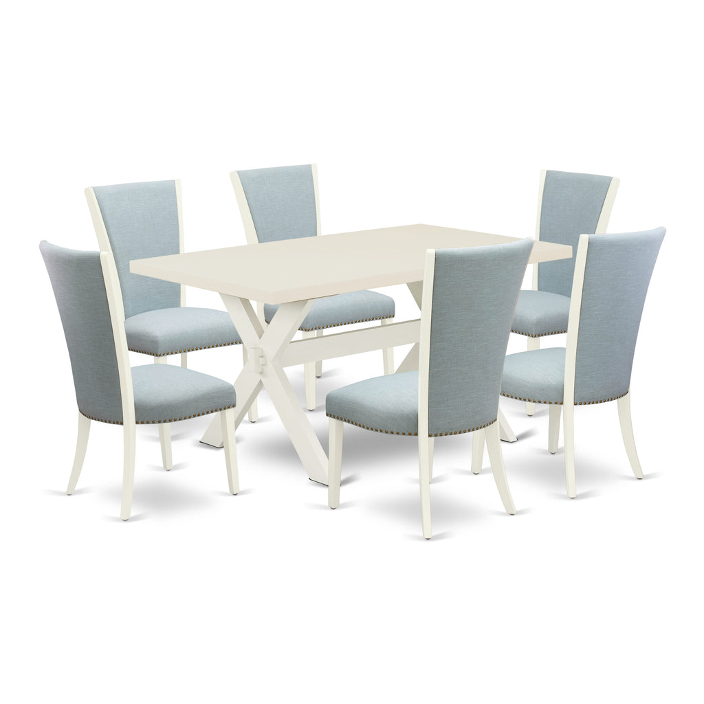 East West Furniture X026VE215-7 7 Piece Dining Table Set Consist of a Rectangle Dining Room Table with X-Legs and 6 Baby Blue Linen Fabric Upholstered Chairs, 36x60 Inch, Multi-Color