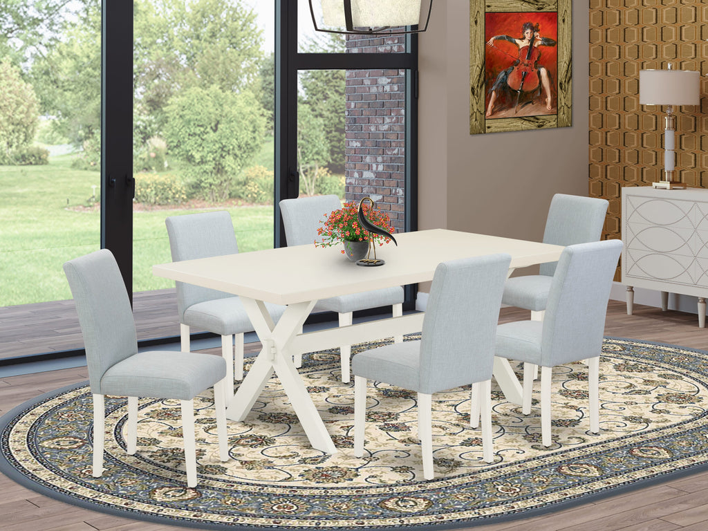East West Furniture X027AB015-7 7 Piece Dining Table Set Consist of a Rectangle Dining Room Table with X-Legs and 6 Baby Blue Linen Fabric Upholstered Chairs