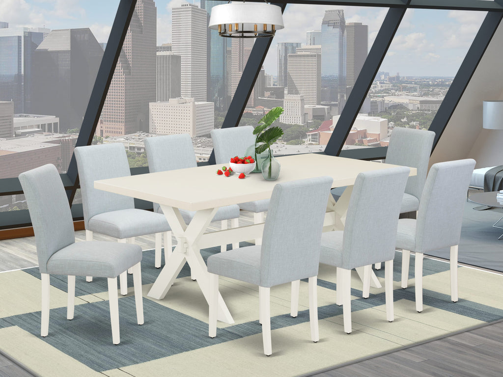 East West Furniture X027AB015-9 9 Piece Dining Set Includes a Rectangle Dining Room Table with X-Legs and 8 Baby Blue Linen Fabric Upholstered Chairs, 40x72 Inch, Multi-Color