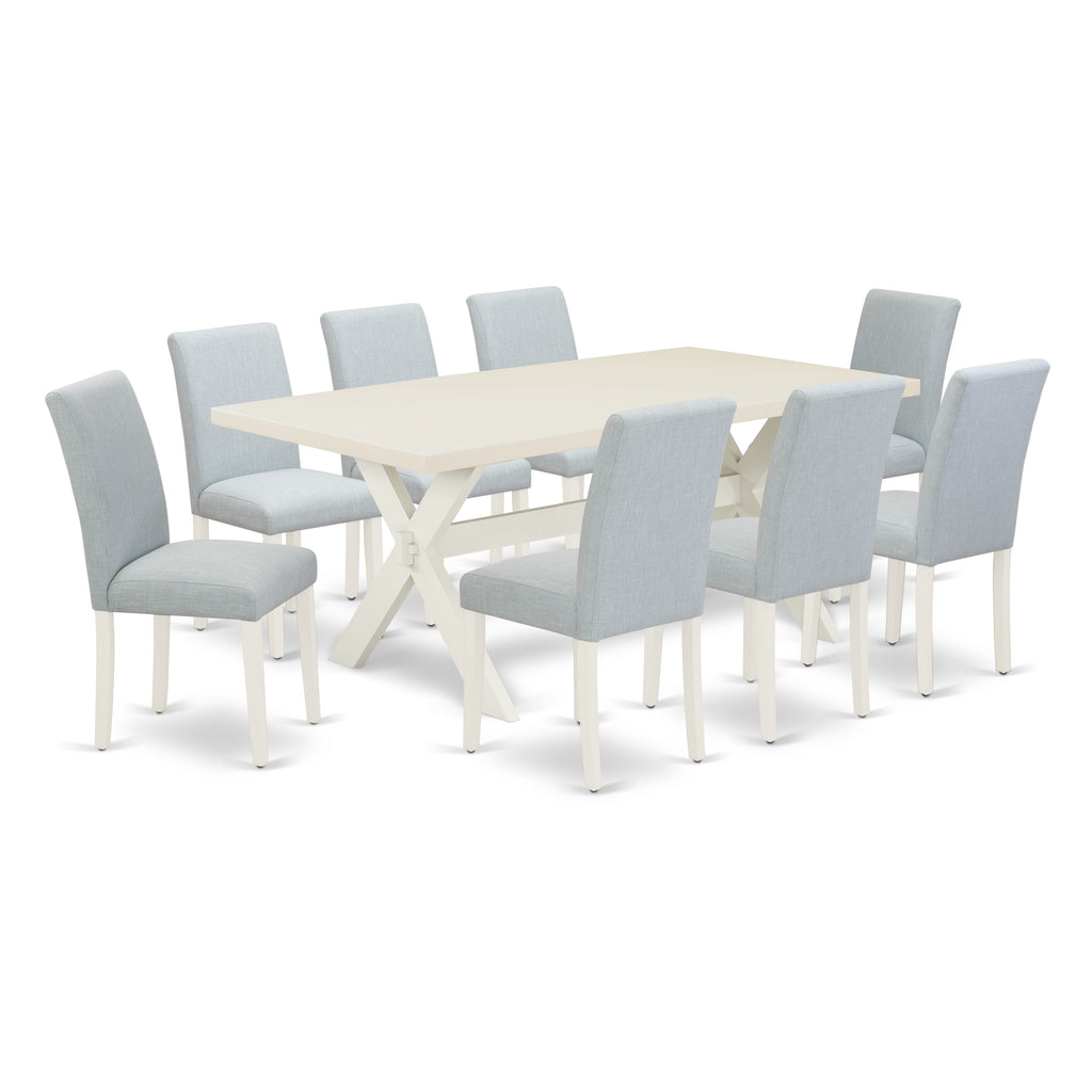East West Furniture X027AB015-9 9 Piece Dining Set Includes a Rectangle Dining Room Table with X-Legs and 8 Baby Blue Linen Fabric Upholstered Chairs, 40x72 Inch, Multi-Color