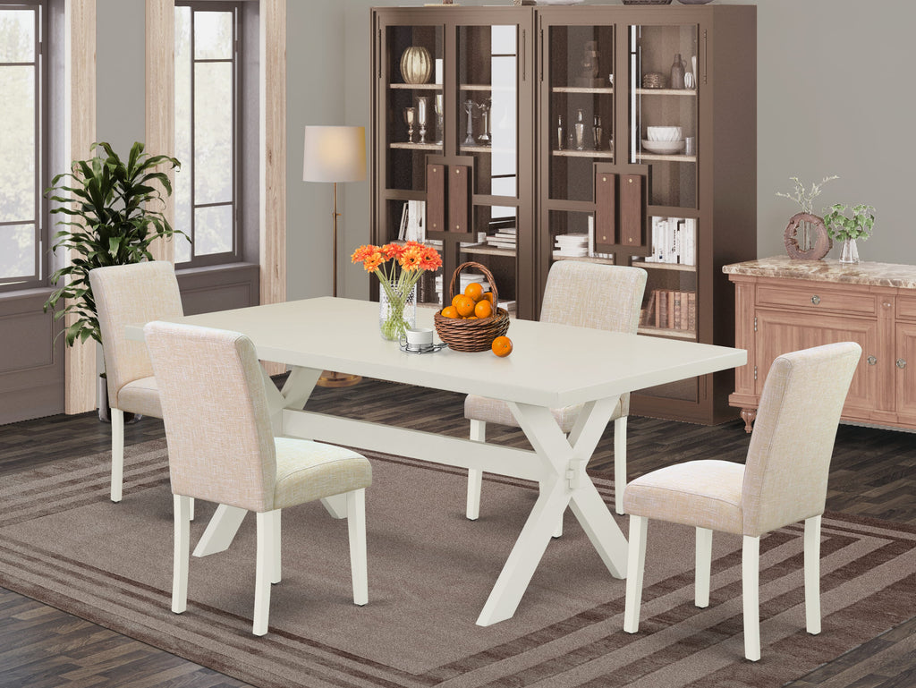 East West Furniture X027AB202-5 5 Piece Dining Room Furniture Set Includes a Rectangle Dining Table with X-Legs and 4 Light Beige Linen Fabric Upholstered Chairs