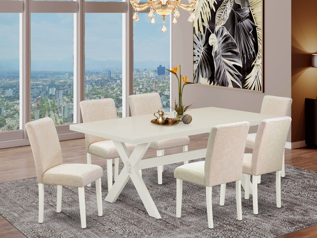 East West Furniture X027AB202-7 7 Piece Kitchen Table Set Consist of a Rectangle Dining Table with X-Legs and 6 Light Beige Linen Fabric Parson Dining Chairs