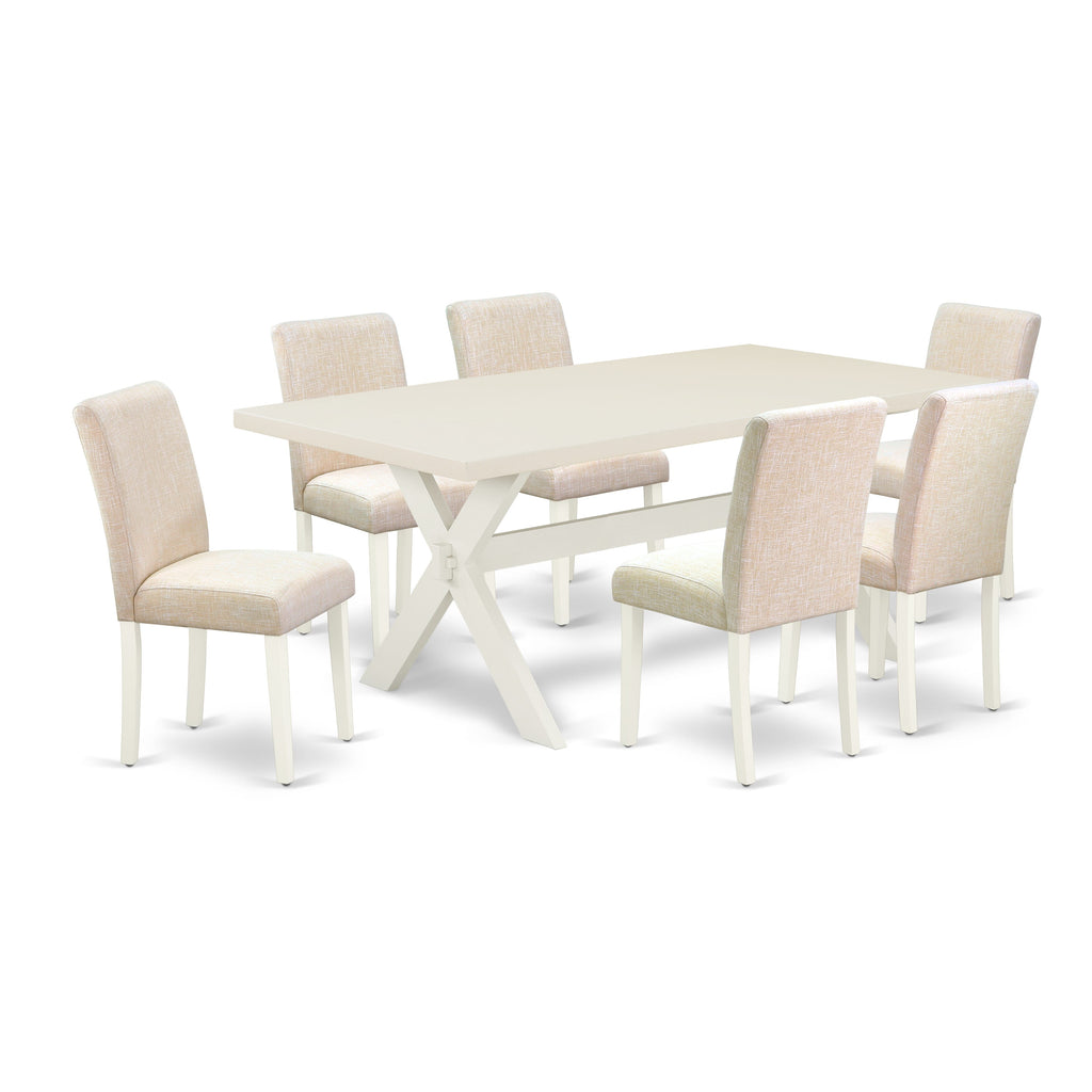 East West Furniture X027AB202-7 7 Piece Kitchen Table Set Consist of a Rectangle Dining Table with X-Legs and 6 Light Beige Linen Fabric Parson Dining Chairs