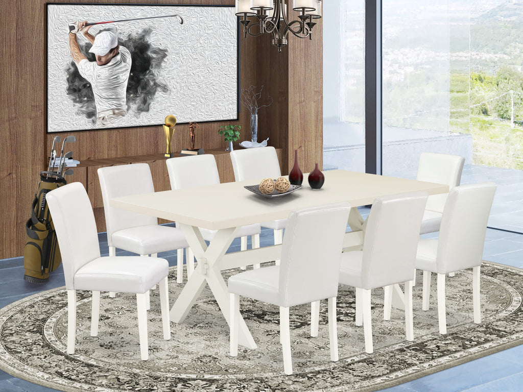 East West Furniture X027AB264-9 9 Piece Dining Set Includes a Rectangle Dining Room Table with X-Legs and 8 White Faux Leather Upholstered Parson Chairs