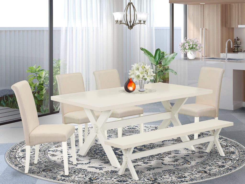 East West Furniture X027BA201-6 6 Piece Dining Room Set Contains a Rectangle Dining Table with X-Legs and 4 Cream Linen Fabric Parson Chairs with a Bench, 40x72 Inch, Multi-Color