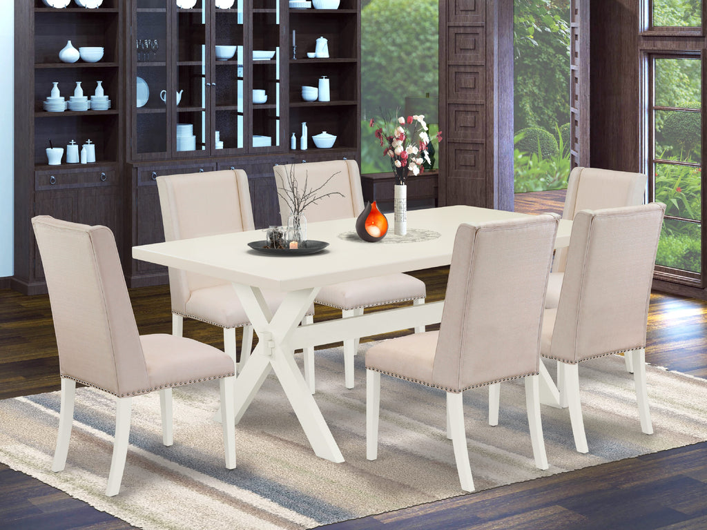 East West Furniture X027BA201-7 7 Piece Dining Table Set Consist of a Rectangle Kitchen Table with X-Legs and 6 Cream Linen Fabric Parson Dining Room Chairs, 40x72 Inch, Multi-Color