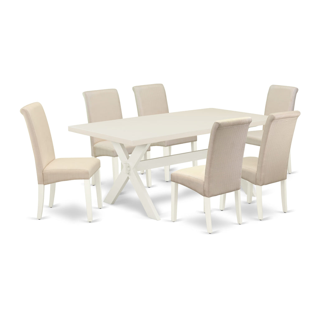 East West Furniture X027BA201-7 7 Piece Dining Table Set Consist of a Rectangle Kitchen Table with X-Legs and 6 Cream Linen Fabric Parson Dining Room Chairs, 40x72 Inch, Multi-Color
