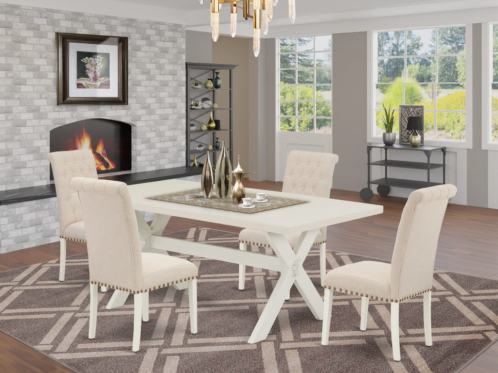 East West Furniture X027BR202-5 5 Piece Dining Set Includes a Rectangle Dining Room Table with X-Legs and 4 Light Beige Linen Fabric Upholstered Parson Chairs, 40x72 Inch, Multi-Color