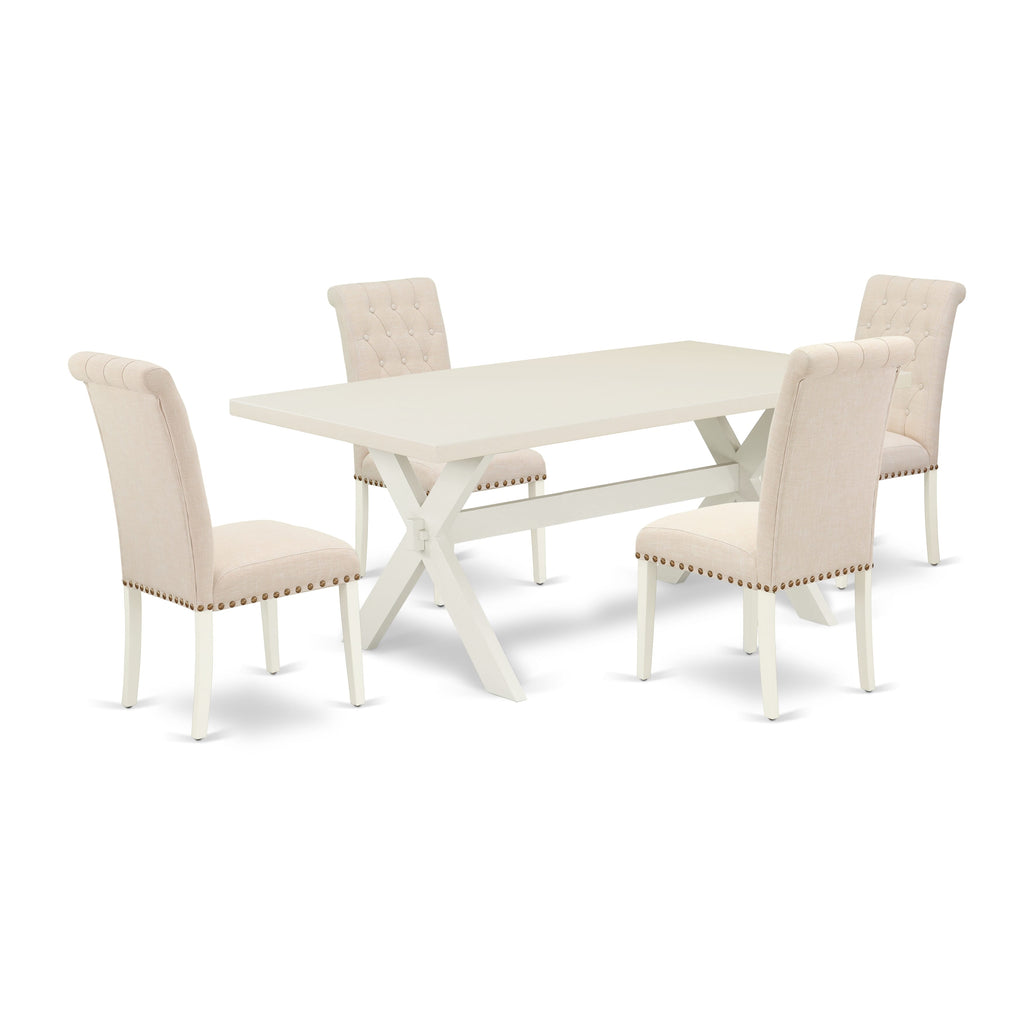 East West Furniture X027BR202-5 5 Piece Dining Set Includes a Rectangle Dining Room Table with X-Legs and 4 Light Beige Linen Fabric Upholstered Parson Chairs, 40x72 Inch, Multi-Color