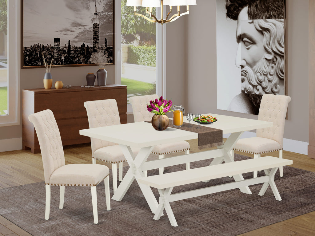 East West Furniture X027BR202-6 6 Piece Dining Table Set Contains a Rectangle Kitchen Table with X-Legs and 4 Light Beige Linen Fabric Parson Chairs with a Bench, 40x72 Inch, Multi-Color