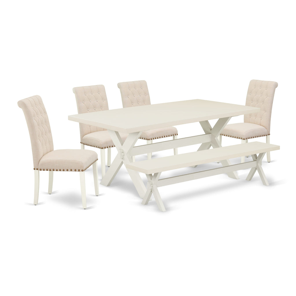 East West Furniture X027BR202-6 6 Piece Dining Table Set Contains a Rectangle Kitchen Table with X-Legs and 4 Light Beige Linen Fabric Parson Chairs with a Bench, 40x72 Inch, Multi-Color