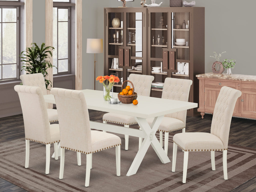 East West Furniture X027BR202-7 7 Piece Kitchen Table Set Consist of a Rectangle Dining Table with X-Legs and 6 Light Beige Linen Fabric Parson Dining Chairs, 40x72 Inch, Multi-Color