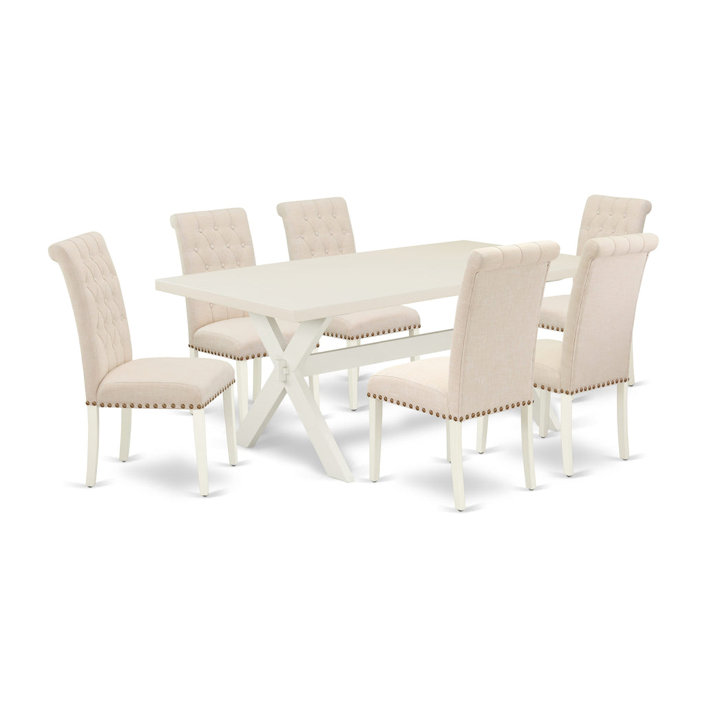 East West Furniture X027BR202-7 7 Piece Kitchen Table Set Consist of a Rectangle Dining Table with X-Legs and 6 Light Beige Linen Fabric Parson Dining Chairs, 40x72 Inch, Multi-Color