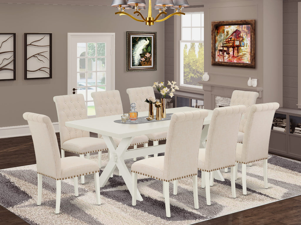 East West Furniture X027BR202-9 9 Piece Dining Room Furniture Set Includes a Rectangle Dining Table with X-Legs and 8 Light Beige Linen Fabric Upholstered Chairs, 40x72 Inch, Multi-Color