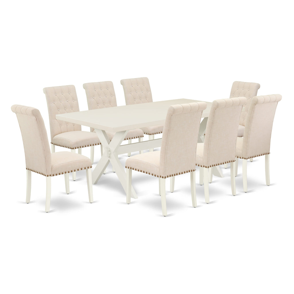 East West Furniture X027BR202-9 9 Piece Dining Room Furniture Set Includes a Rectangle Dining Table with X-Legs and 8 Light Beige Linen Fabric Upholstered Chairs, 40x72 Inch, Multi-Color