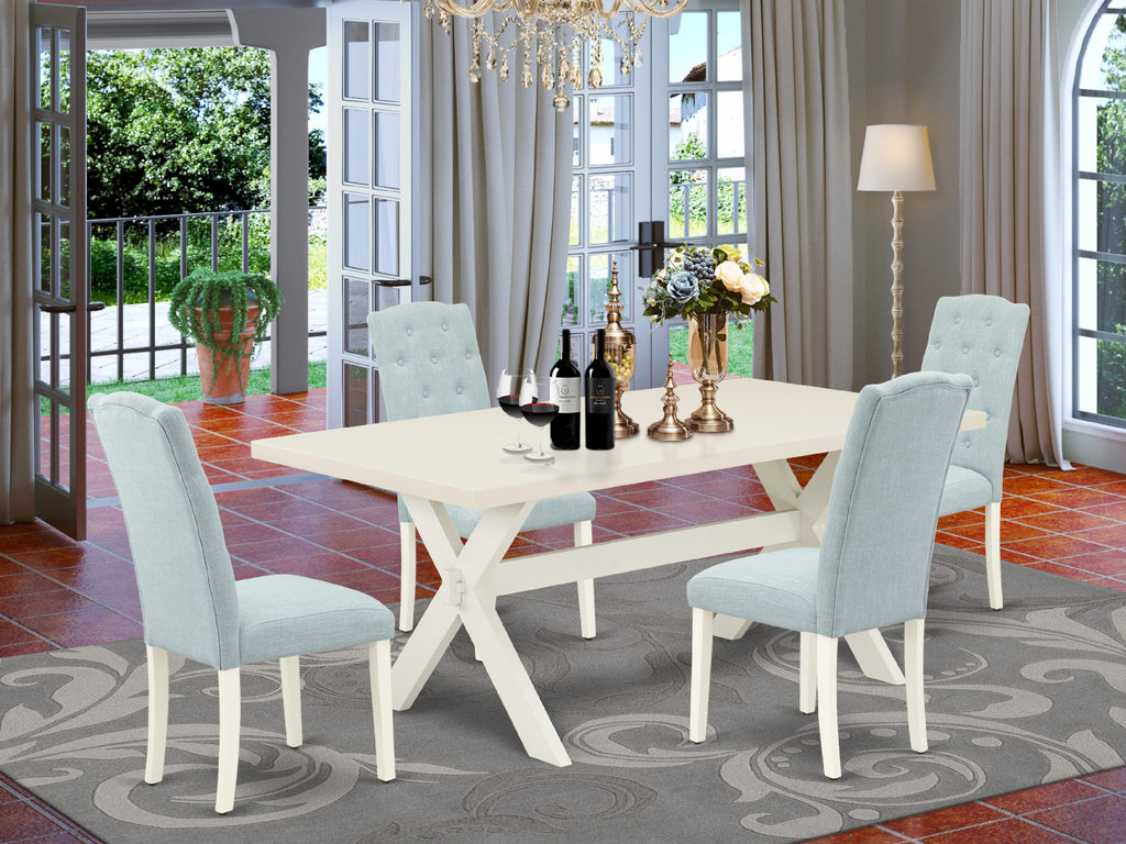 East West Furniture X027CE215-5 5 Piece Modern Dining Table Set Includes a Rectangle Wooden Table with X-Legs and 4 Baby Blue Linen Fabric Upholstered Chairs