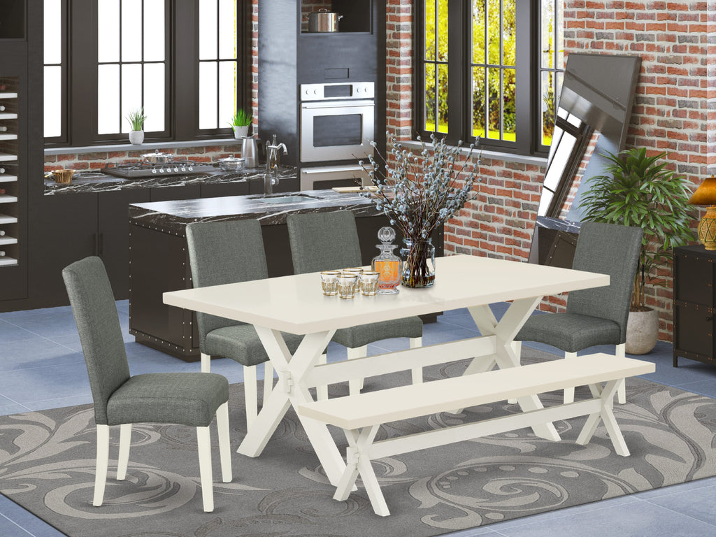 East West Furniture X027DR207-6 6 Piece Dining Set Contains a Rectangle Dining Room Table with X-Legs and 4 Gray Linen Fabric Upholstered Chairs with a Bench, 40x72 Inch, Multi-Color