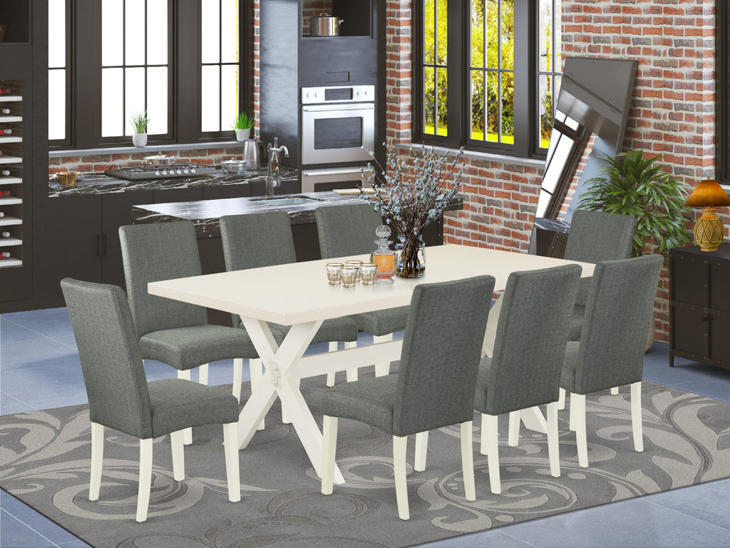 East West Furniture X027DR207-9 9 Piece Dining Set Includes a Rectangle Dining Room Table with X-Legs and 8 Gray Linen Fabric Upholstered Parson Chairs, 40x72 Inch, Multi-Color