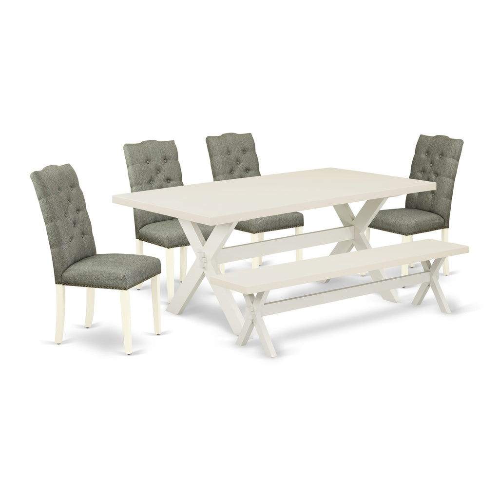 East West Furniture X027EL207-6 6 Piece Dining Set Contains a Rectangle Dining Room Table with X-Legs and 4 Gray Linen Fabric Parson Chairs with a Bench, 40x72 Inch, Multi-Color