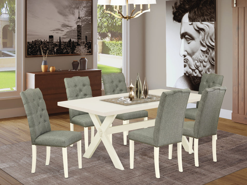 East West Furniture X027EL207-7 7 Piece Kitchen Table Set Consist of a Rectangle Dining Table with X-Legs and 6 Gray Linen Fabric Parsons Dining Chairs, 40x72 Inch, Multi-Color
