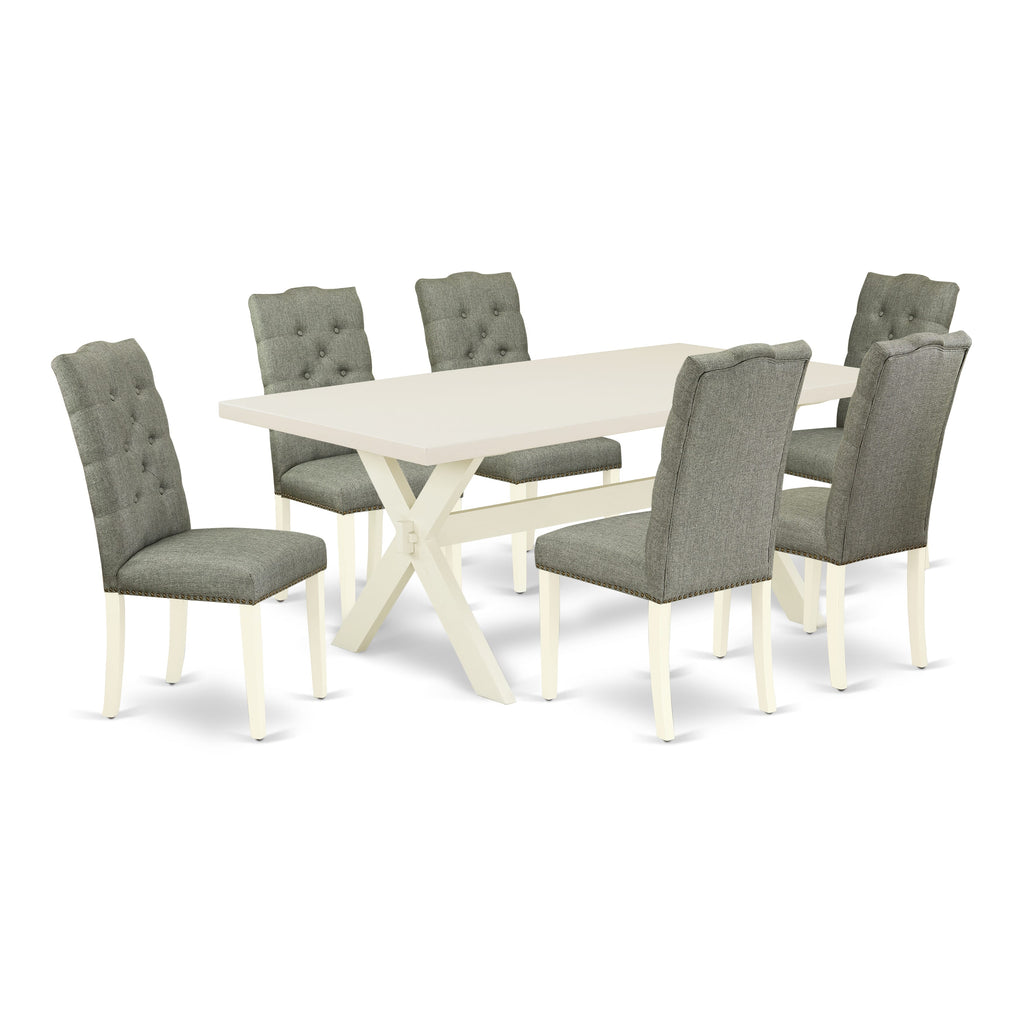 East West Furniture X027EL207-7 7 Piece Kitchen Table Set Consist of a Rectangle Dining Table with X-Legs and 6 Gray Linen Fabric Parsons Dining Chairs, 40x72 Inch, Multi-Color