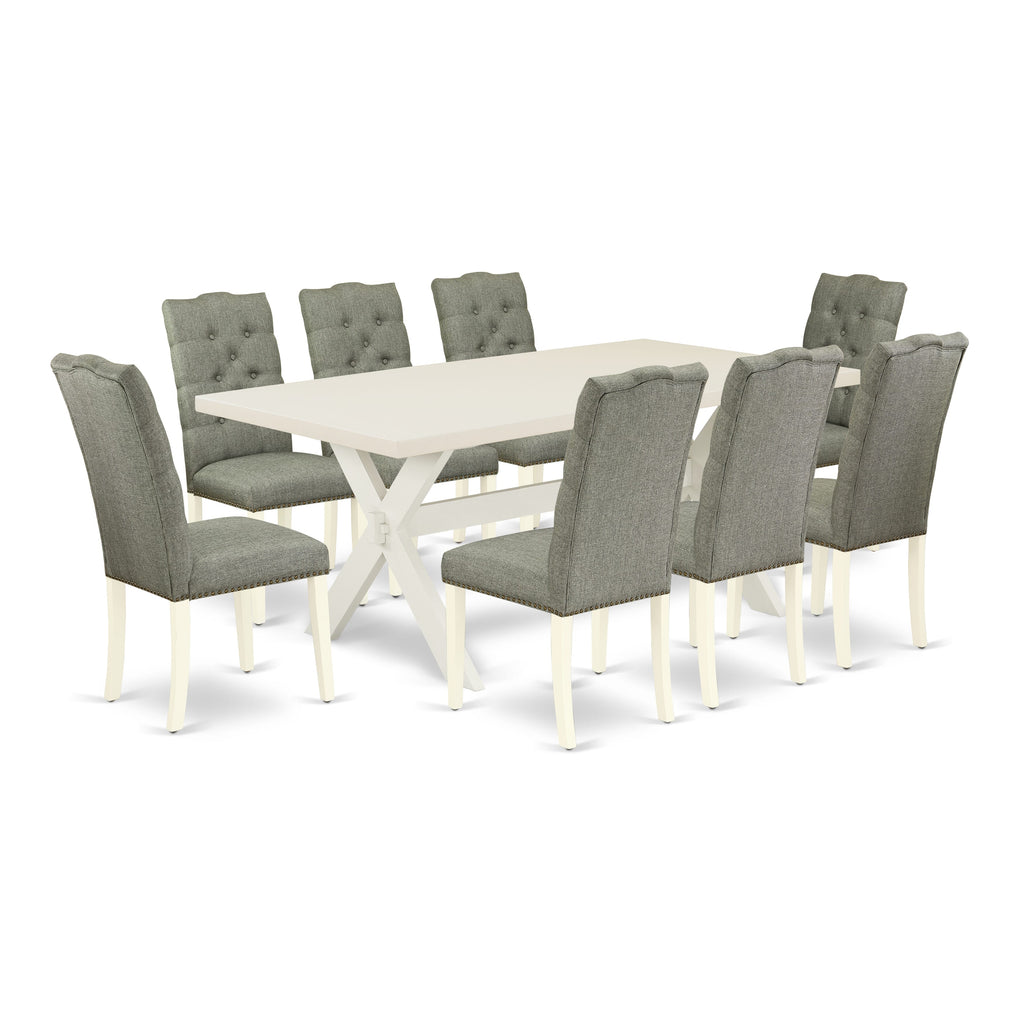 East West Furniture X027EL207-9 9 Piece Kitchen Table & Chairs Set Includes a Rectangle Dining Room Table with X-Legs and 8 Gray Linen Fabric Parson Dining Chairs, 40x72 Inch, Multi-Color