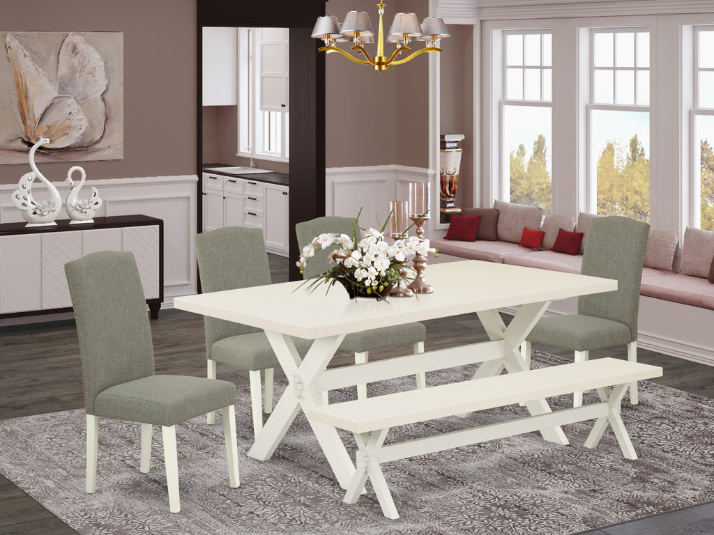 East West Furniture X027EN206-6 6 Piece Kitchen Table Set Contains a Rectangle Dining Table with X-Legs and 4 Dark Shitake Linen Fabric Parson Chairs with a Bench, 40x72 Inch, Multi-Color