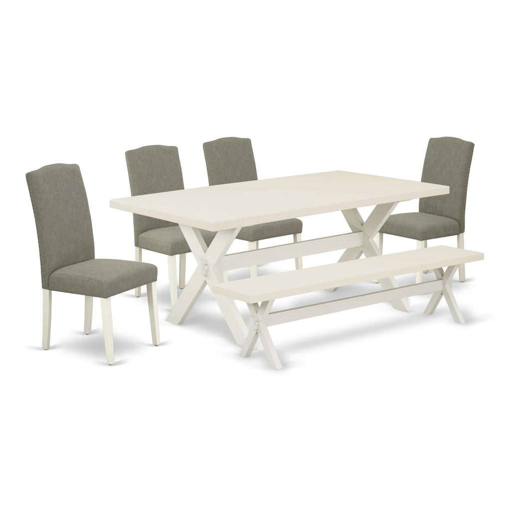 East West Furniture X027EN206-6 6 Piece Kitchen Table Set Contains a Rectangle Dining Table with X-Legs and 4 Dark Shitake Linen Fabric Parson Chairs with a Bench, 40x72 Inch, Multi-Color