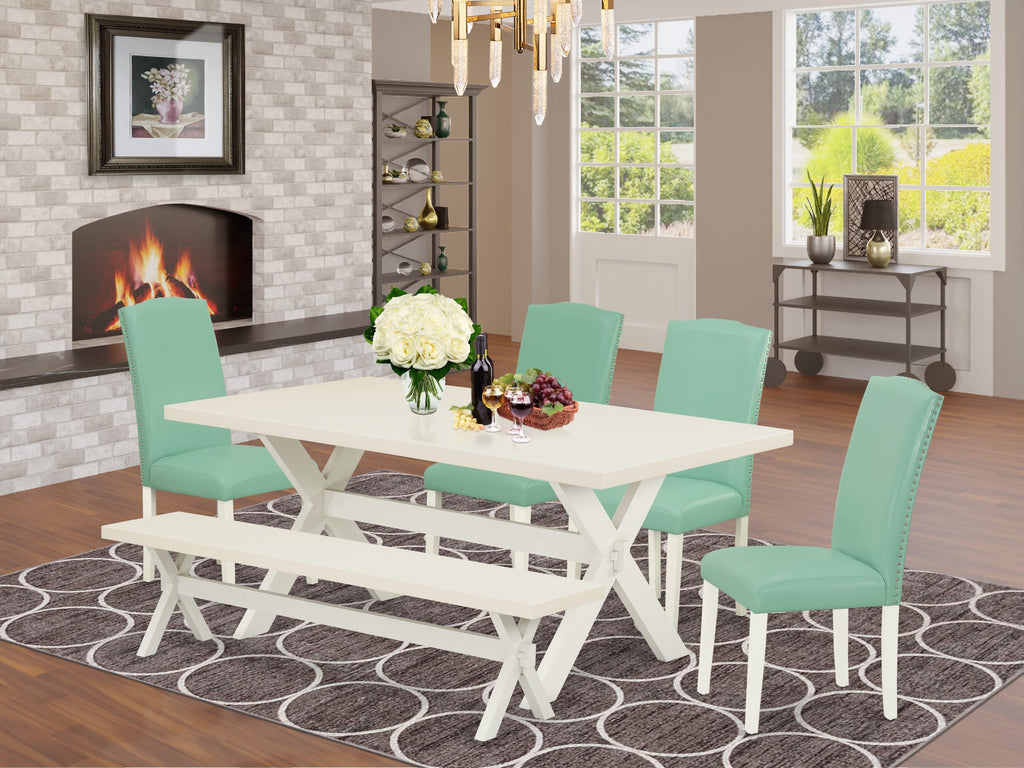East West Furniture X027EN257-6 6 Piece Kitchen Table & Chairs Set Contains a Rectangle Wooden Table and 4 Pond Faux Leather Parson Chairs with a Bench, 40x72 Inch, Multi-Color