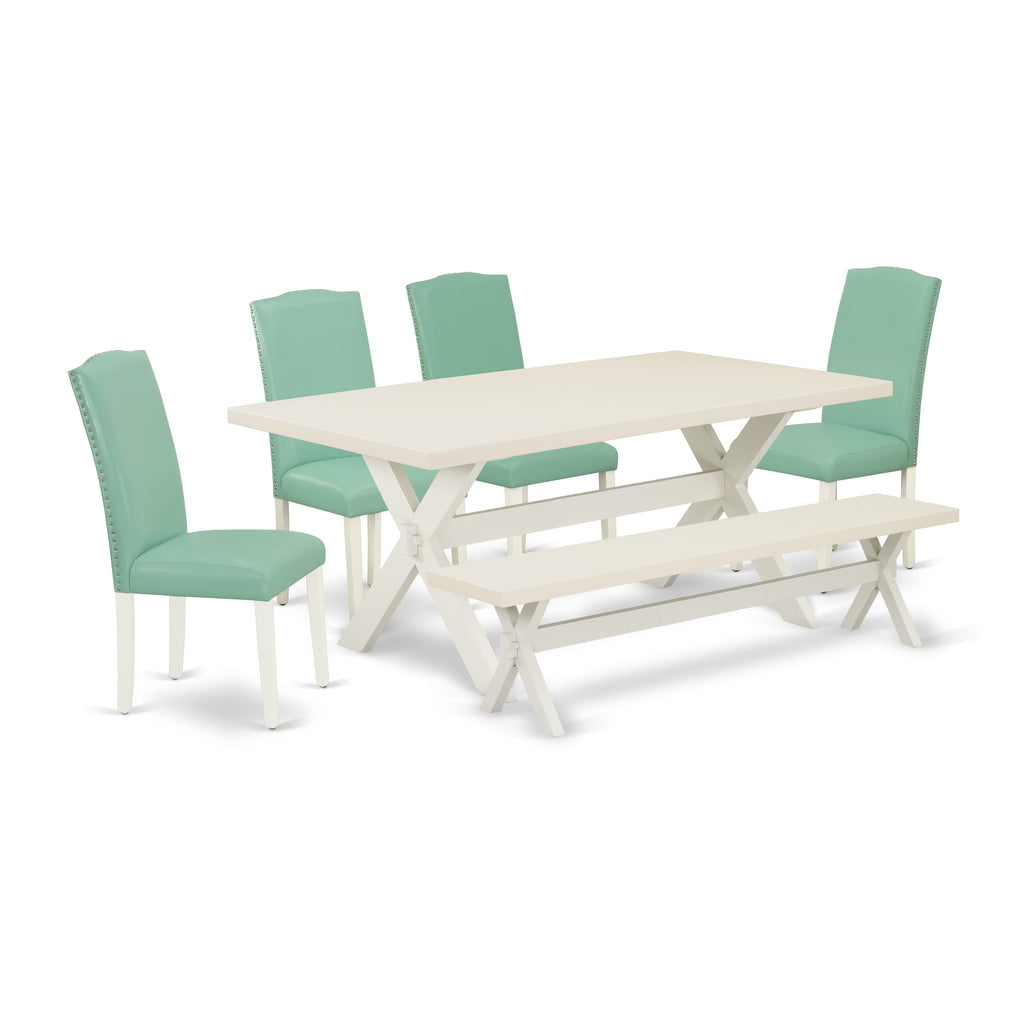 East West Furniture X027EN257-6 6 Piece Kitchen Table & Chairs Set Contains a Rectangle Wooden Table and 4 Pond Faux Leather Parson Chairs with a Bench, 40x72 Inch, Multi-Color