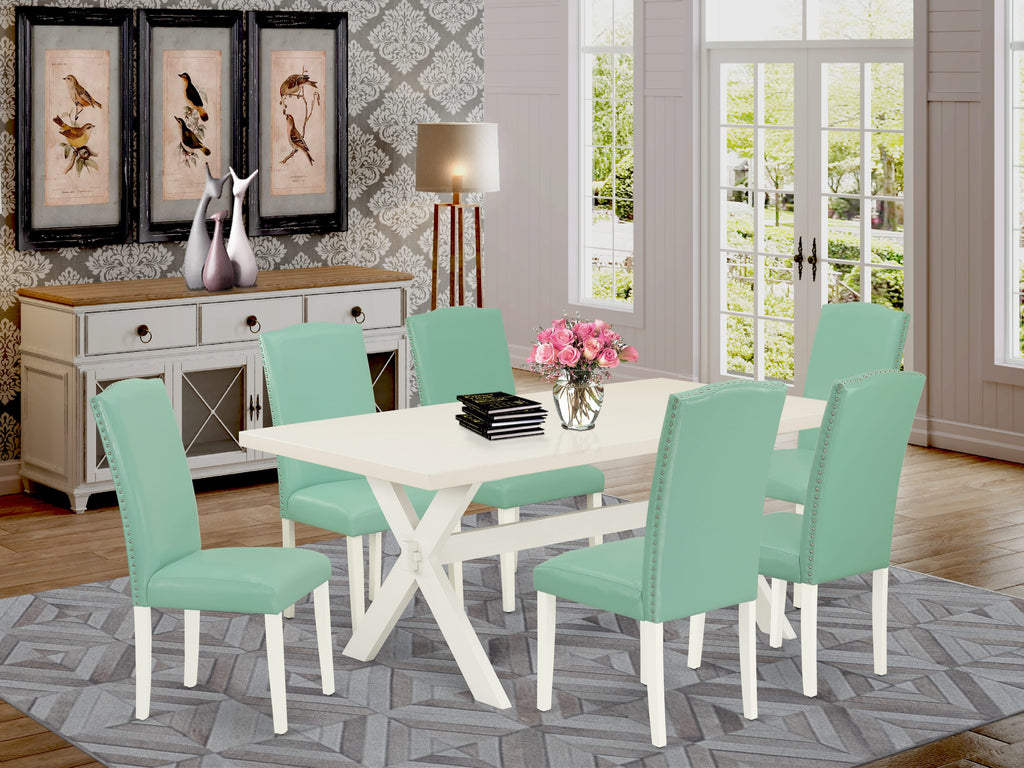 East West Furniture X027EN257-7 7 Piece Kitchen Table Set Consist of a Rectangle Dining Table with X-Legs and 6 Pond Faux Leather Parsons Dining Chairs, 40x72 Inch, Multi-Color