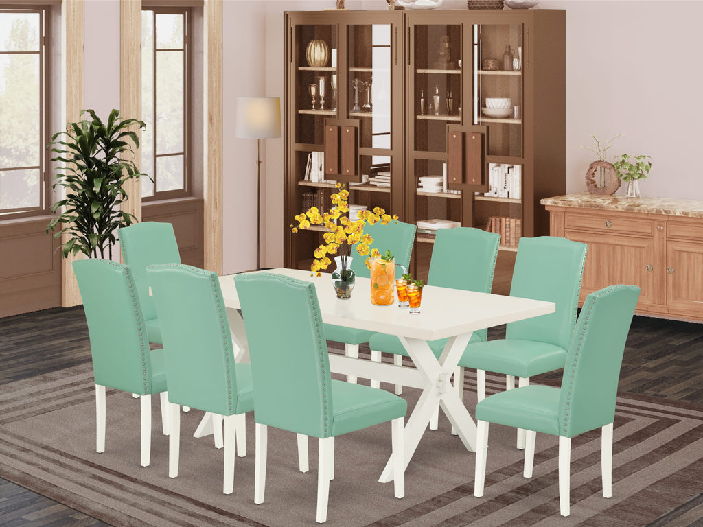 East West Furniture X027EN257-9 9 Piece Modern Dining Table Set Includes a Rectangle Wooden Table with X-Legs and 8 Pond Faux Leather Upholstered Chairs, 40x72 Inch, Multi-Color