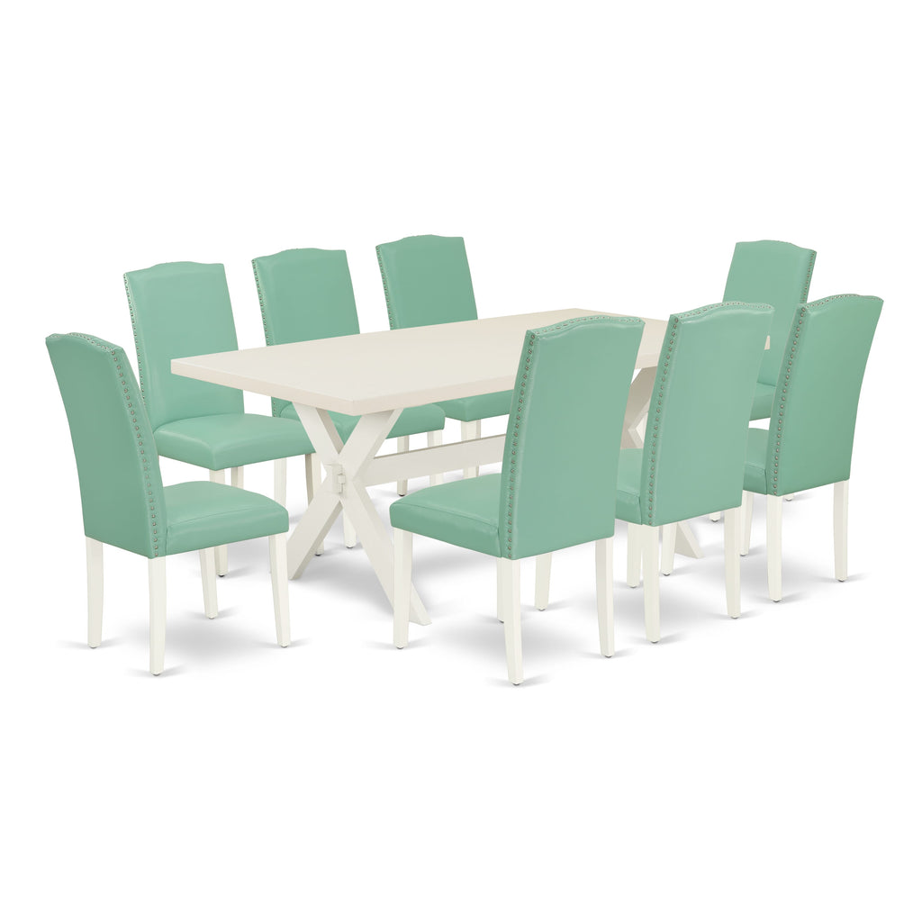 East West Furniture X027EN257-9 9 Piece Modern Dining Table Set Includes a Rectangle Wooden Table with X-Legs and 8 Pond Faux Leather Upholstered Chairs, 40x72 Inch, Multi-Color