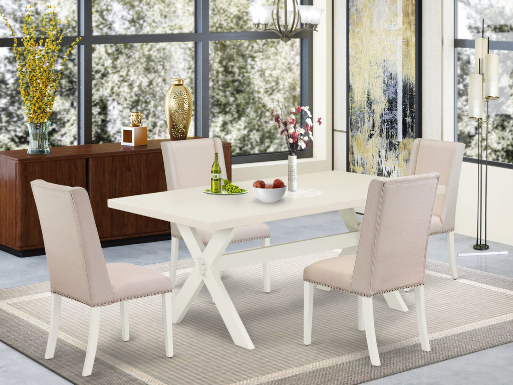 East West Furniture X027FL201-5 5 Piece Kitchen Table & Chairs Set Includes a Rectangle Dining Room Table with X-Legs and 4 Cream Linen Fabric Upholstered Chairs, 40x72 Inch, Multi-Color