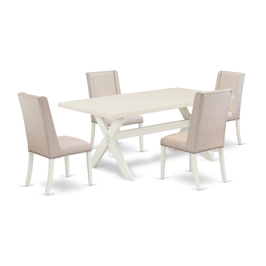 East West Furniture X027FL201-5 5 Piece Kitchen Table & Chairs Set Includes a Rectangle Dining Room Table with X-Legs and 4 Cream Linen Fabric Upholstered Chairs, 40x72 Inch, Multi-Color