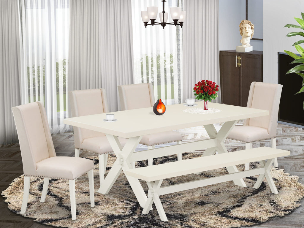 East West Furniture X027FL201-6 6 Piece Kitchen Table Set Contains a Rectangle Dining Table with X-Legs and 4 Cream Linen Fabric Parson Chairs with a Bench, 40x72 Inch, Multi-Color