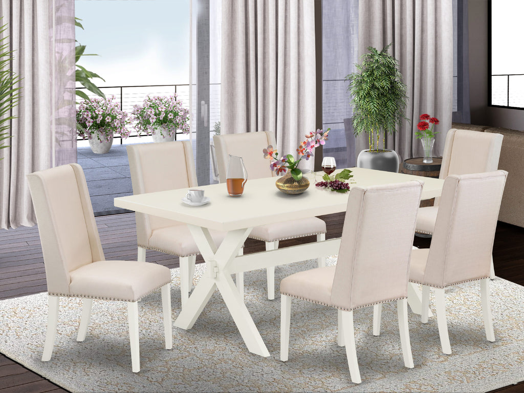 East West Furniture X027FL201-7 7 Piece Modern Dining Table Set Consist of a Rectangle Dining Room Table with X-Legs and 6 Cream Linen Fabric Upholstered Chairs, 40x72 Inch, Multi-Color