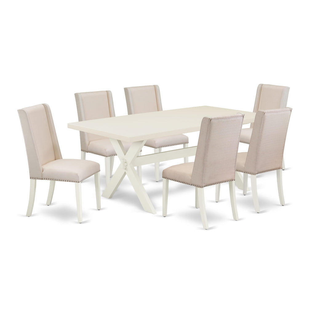 East West Furniture X027FL201-7 7 Piece Modern Dining Table Set Consist of a Rectangle Dining Room Table with X-Legs and 6 Cream Linen Fabric Upholstered Chairs, 40x72 Inch, Multi-Color