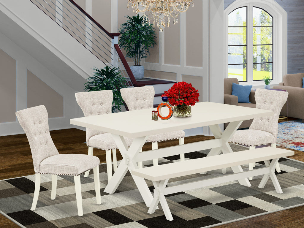 East West Furniture X027GA235-6 6 Piece Dining Table Set Contains a Rectangle Dining Room Table with X-Legs and 4 Doeskin Linen Fabric Parson Chairs with a Bench, 40x72 Inch, Multi-Color