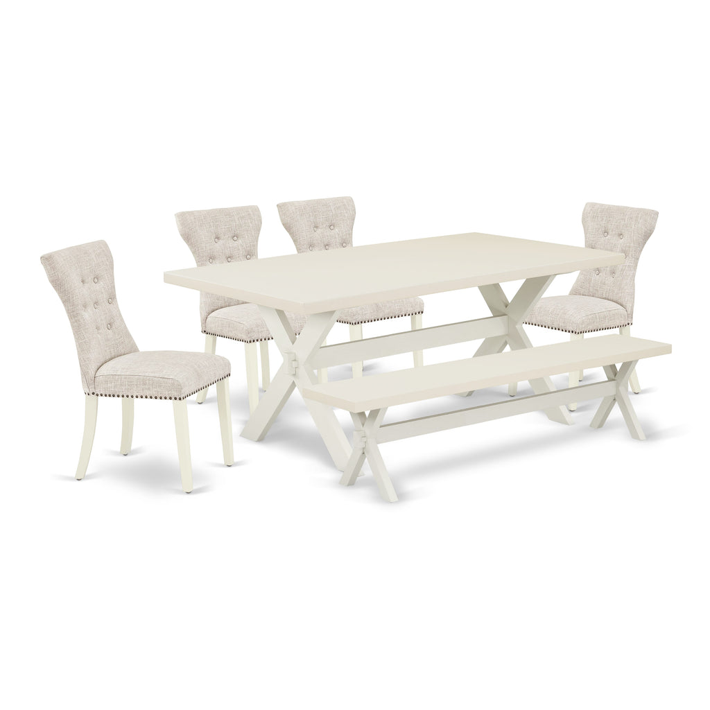 East West Furniture X027GA235-6 6 Piece Dining Table Set Contains a Rectangle Dining Room Table with X-Legs and 4 Doeskin Linen Fabric Parson Chairs with a Bench, 40x72 Inch, Multi-Color