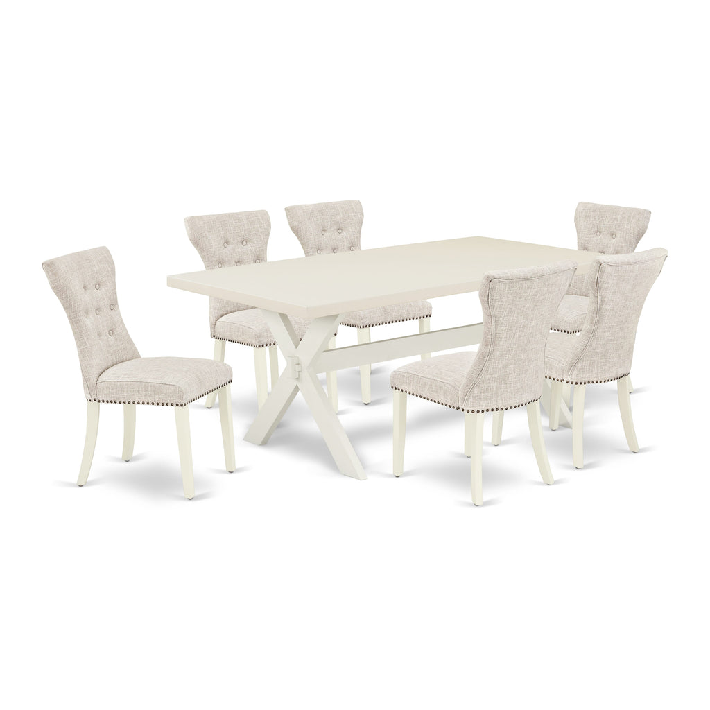 East West Furniture X027GA235-7 7 Piece Dining Room Table Set Consist of a Rectangle Dining Table with X-Legs and 6 Doeskin Linen Fabric Upholstered Parson Chairs, 40x72 Inch, Multi-Color