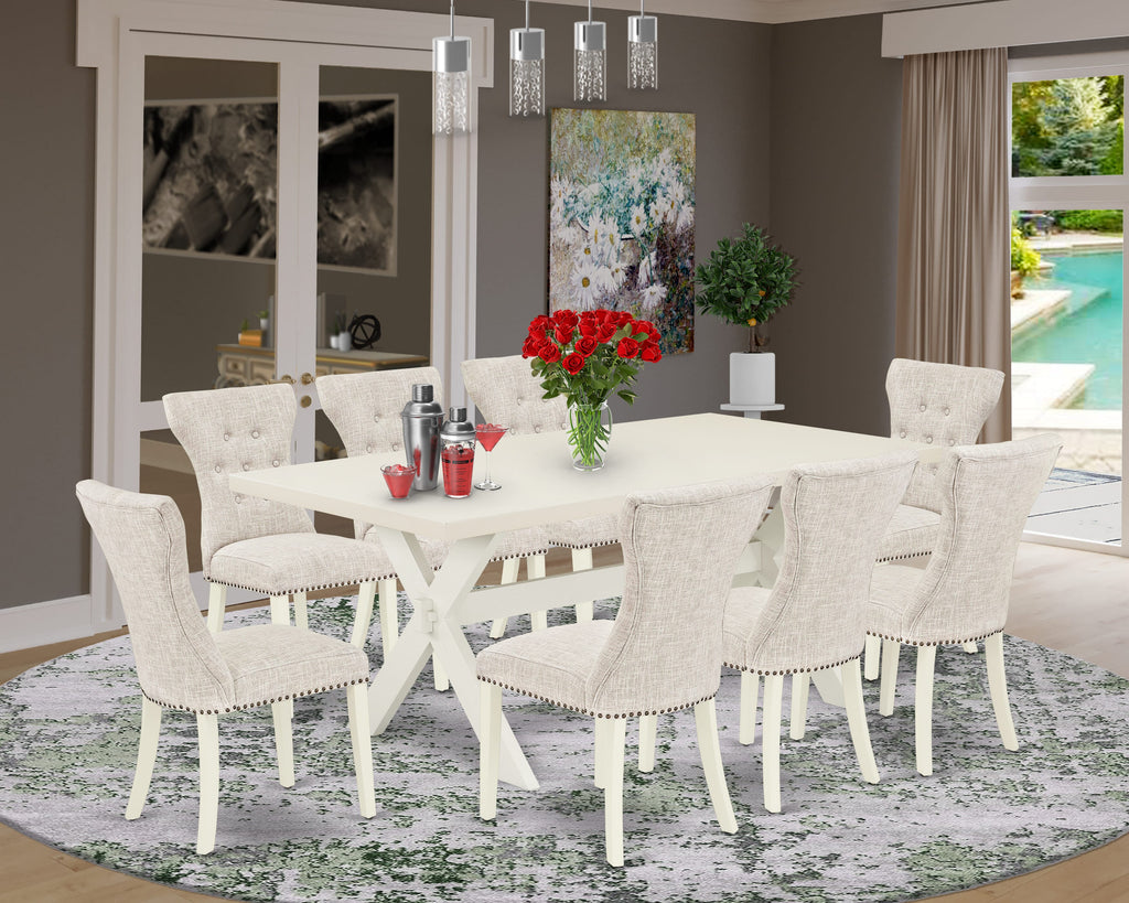 East West Furniture X027GA235-9 9 Piece Dining Set Includes a Rectangle Dining Room Table with X-Legs and 8 Doeskin Linen Fabric Upholstered Parson Chairs, 40x72 Inch, Multi-Color